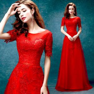 China Red Elegant Evening Dresses O Neck Short Sleeves Host Dress TSJY031 wholesale