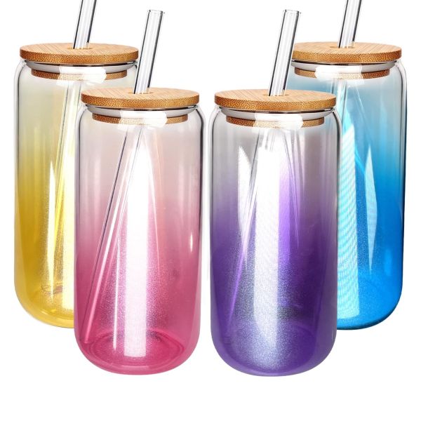 Lightweight Colored Borosilicate Glass Smoothie Tumbler With Straw 18 Oz Glass Water Bottle Colorful Reusable Glass Cups Glassware Sets 4 Packs