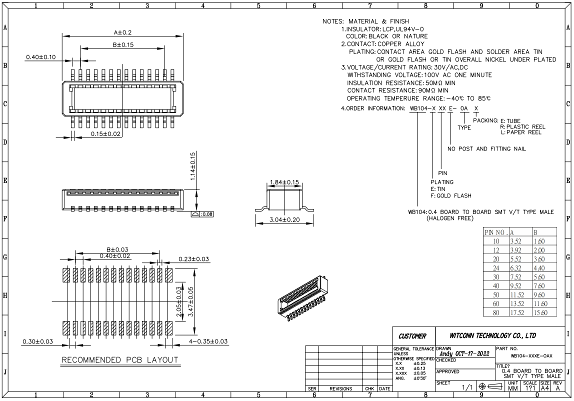Male High Speed Board To Board Pcb Connectors 0.4mm Pitch Height 1.5mm