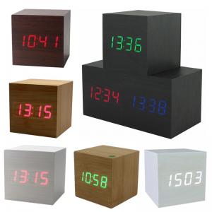 China Hot USB/AAA Powered Cube LED Digital Alarm Clock Square Modern Sound Control Wood Clock Display Temperature Night Light on sale