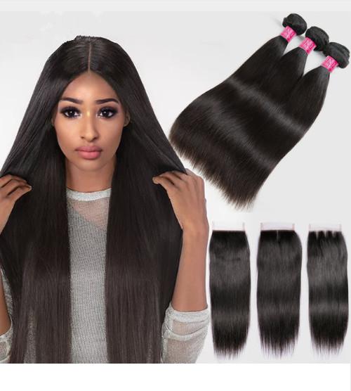 Quality Silky Straight Remy Indian Human Hair Weave Bundles With Closure for sale