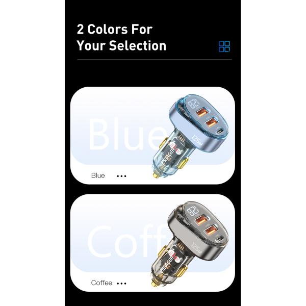 Official Store Digital Display Car Chargers 125W Transparent with 1 Type-C 2 USB-A