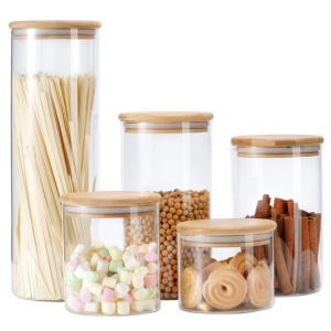 China Smell Proof Bamboo Glass Container Set Food Storage Spice Mason Jar With Dispenser Lid wholesale