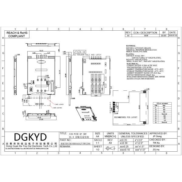 SIM Card Holder PUSH 6P SMT H1.8 Full Mount Telephone Card Holder DGKYDSIM18H6A6A2Y3WS286