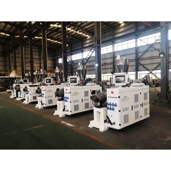 High capacity PVC WPC decking floor extrusion line with laminating film surface treatment with conic twin scerw extruders