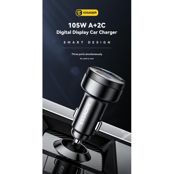 ESSAGER FSJ-008 105W 3 Ports Fast USB Type C Car Charger With Digital Display