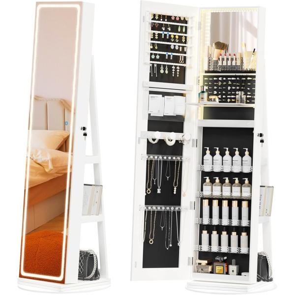 Full Length Mirror Jewelry Cabinet with 3 Back Shelves HD Real Glass Mirror and Makeup Storage