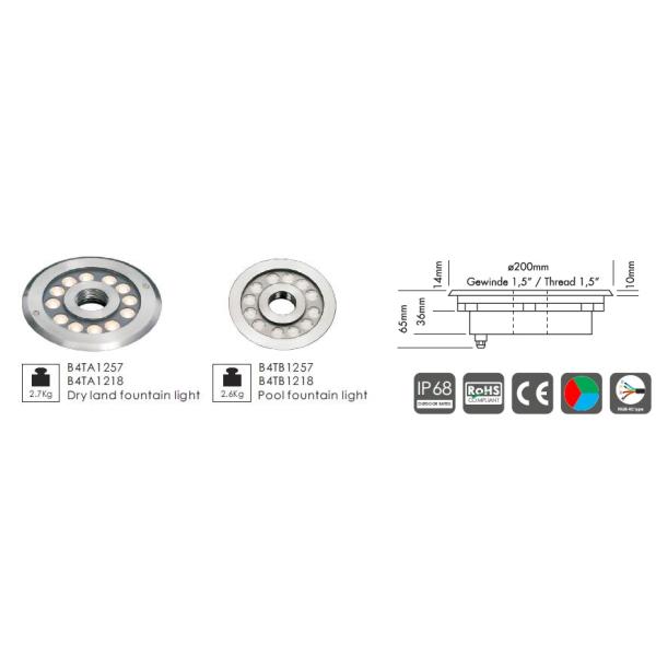 B4TB1257 B4TB1218 12 * 2W Central Ejective LED Pool Fountain Lights with Diameter Dia. 182mm Front Cover IP68 Waterproof