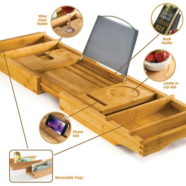Extendable Sides Luxury Bamboo Bathtub Caddy Trays for Books Tablets and Wine Glass