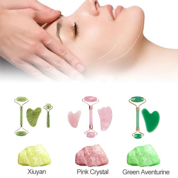 Skin Care Rose Quartz Facial Massager Gua Sha Face Scraper Jade Massagers Roller Set