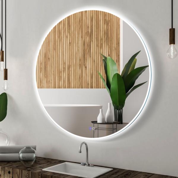 12V LED Round Bathroom Mirror Customized Lighted Smart Mirror 5mm With Warm White Yellow Light