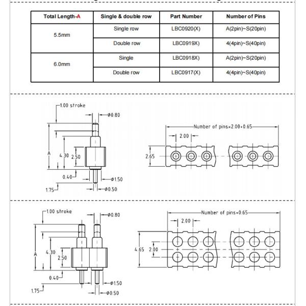 DIP Type Spring Loaded Connector 20 Pin Through Hole Connectors 2.0mm Pitch With 2.5mm Height Housing
