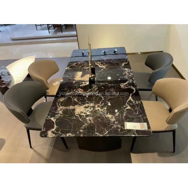 Modern Polished Black Rose Marble Big Slab Dining Table Set for Villa and Hotel Design