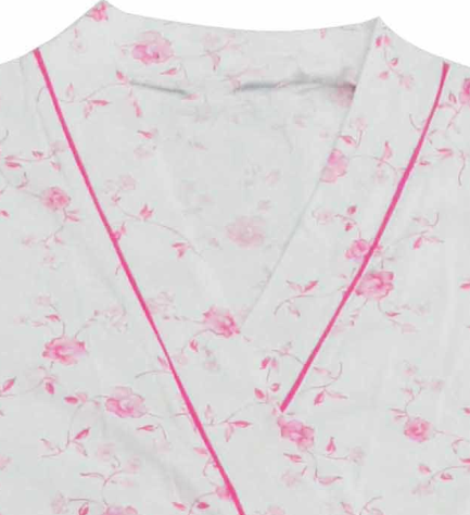 Ladies Cotton Jersey Pink Floral Printed Bath Robe Kimono Wrap Red Piping 3/4 Sleeve