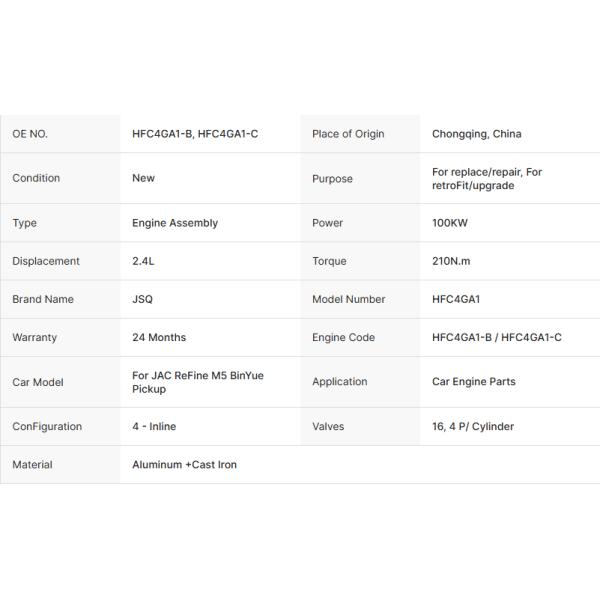 HFC4GA1 2.4L Automotive Engine Components For JAC ReFine M5 BinYue Pickup 100KW