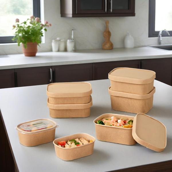 Factory Sale Paper Food Contain Disposable Rectangular Square Kraft Paper Salad Bowl Take Away Paper Bowl