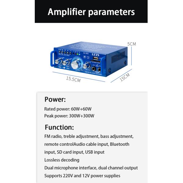 AV-263BT 2.0 Channel 120W HiFi Mini BT Wireless Home & Car Amplifier 110V/220V 12V MP3 Player Receiver