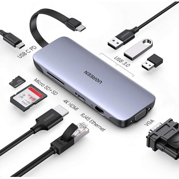 USB C Hub 9 in 1 USB Type C Multiport Adapter Dock with 4K HD-MI VGA Gigabit Ethernet PD Charging 3 USB 3.0 Ports