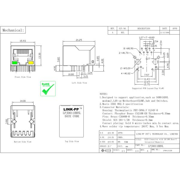 LPJ0011BBNL RJ45 Modular Connector 10/100 Base-TX AutoMDIX RoHS