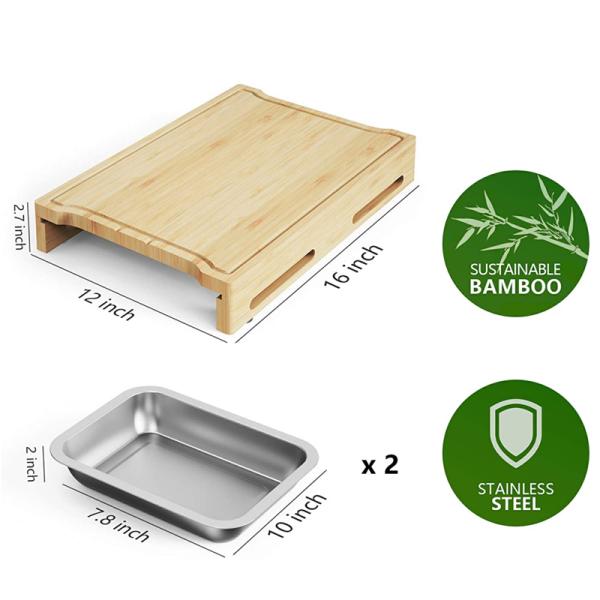 Custom Sustainable Rectangle Bamboo Chopping Board with Stainless Steel Drip Trays