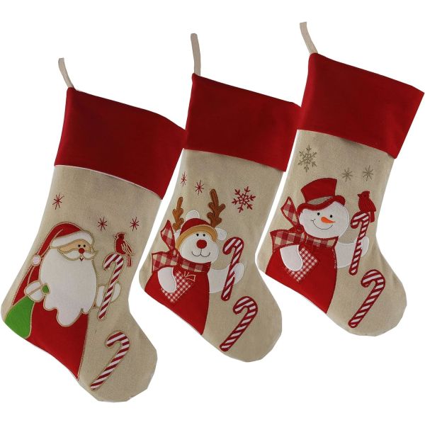 Christmas Stockings Set of 3 Character 3D Plush Linen Hanging Knit Border Plush Faux Fur Cuff Stockings for Home Decor