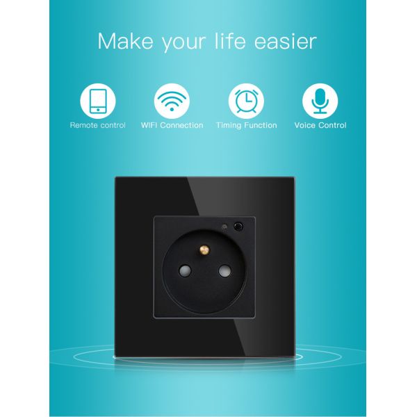 250V 13A Wall Smart Wifi Socket Plug With Single Crystal Glass Frame French Outlet Plug