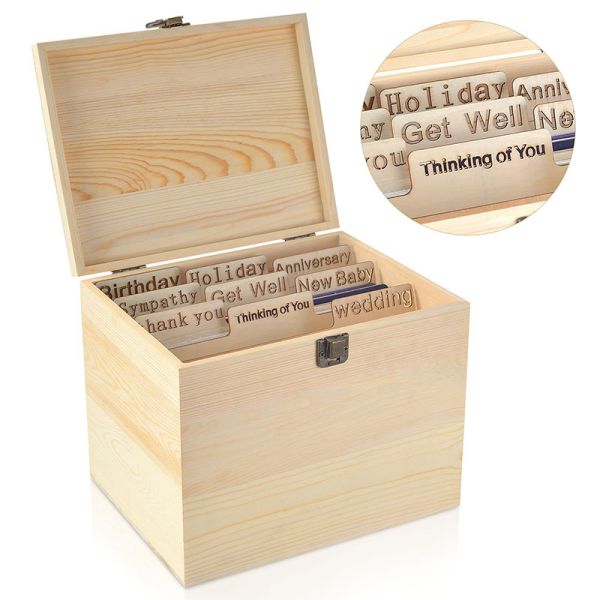 Modern BAMBOO Greeting Card Organizer Box With Dividers And Lid Stylish Design
