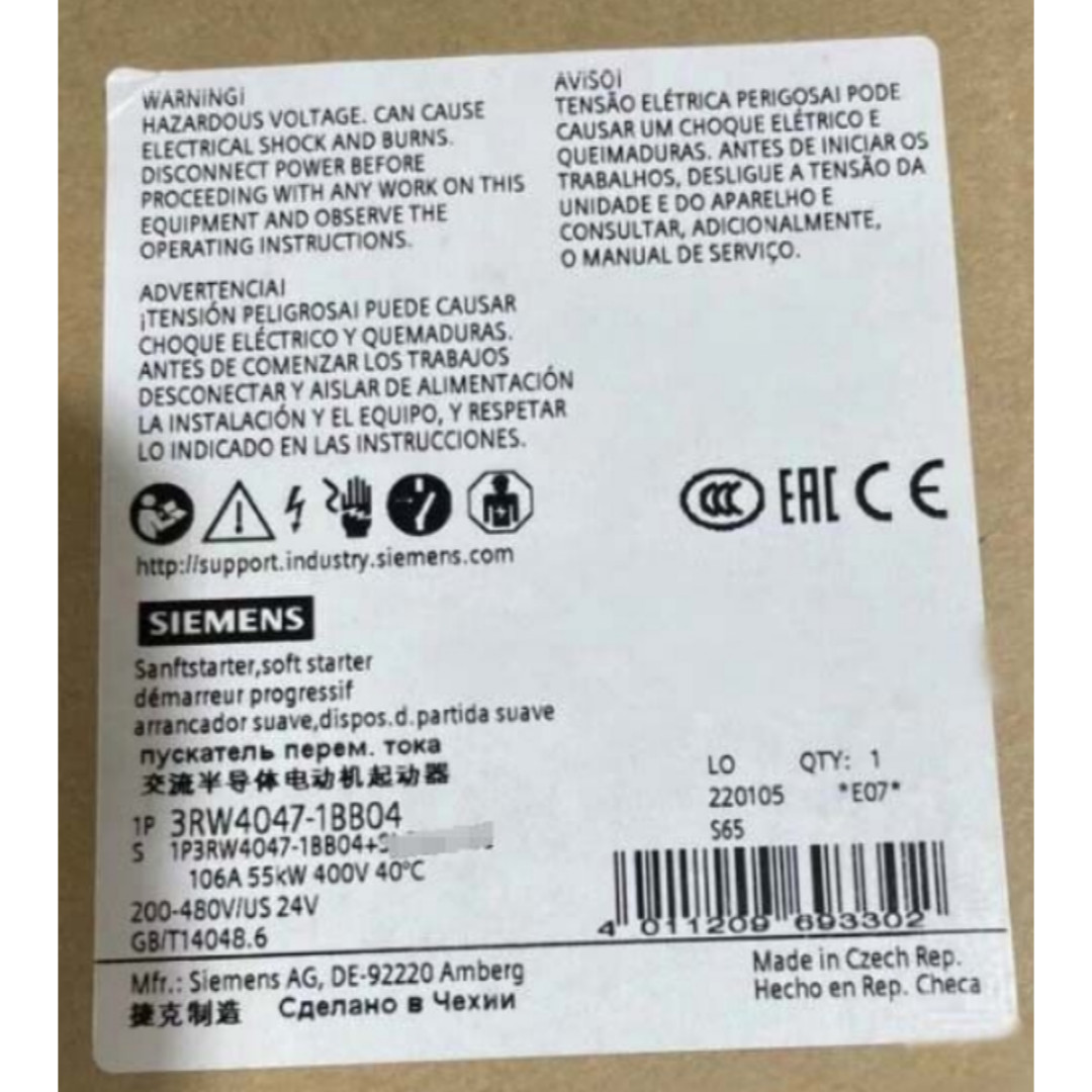 China SIEMENS 3RW4047-1BB04 SIRIUS SOFT STARTER S3 106 A, 55 KW/400 V, 40 °C 200-480 V AC, 24 V AC/DC SCREW TERMINALS wholesale