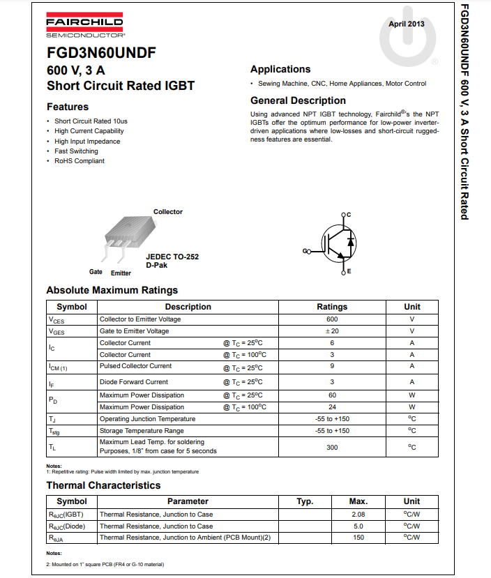 FGD3N60UNDF Discrete Semiconductor Products IGBT NPT 600V 6 A 60W Surface Mount TO-252AA