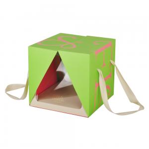 China Green Paper Cake Packaging Box With Plastic Window Ribbon Handle on sale
