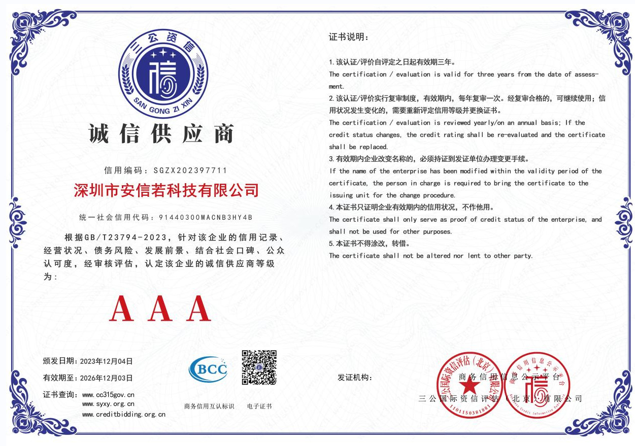 Shenzhen Anxinruo Technology Co., Ltd. Certifications