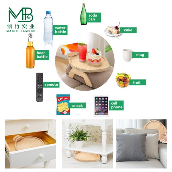 Custom Bamboo Sofa Arm Tray With 360° Rotatable Phone Holder For Living Room