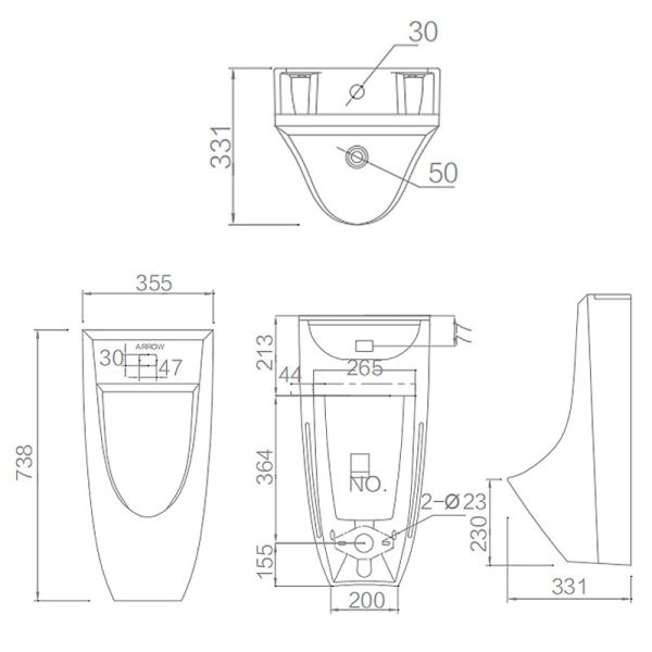 Men Corner Urinal Wall Mounted 355x331x738mm Back Water Inlet