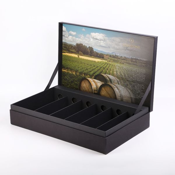Tailered Rigid Black Paper With Texture 6 Bottle Wine Packaging Box With Cardboard Insert