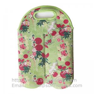 China 4.5mm Floral Print Neoprene Wine Bottle Tote, 2-Bottle Insulated Wine Sleeve Cooler Bag wholesale