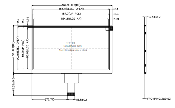 7-inch 450cd/m2 Car Instrument Display Panel 1024*600 MIPI Interface 40pin LCD Display Screen