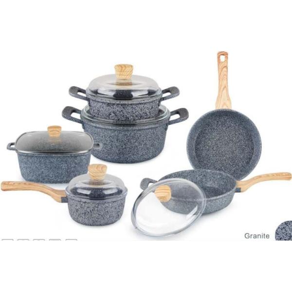 Die casting stone marble coating cookware set with with wooden handle