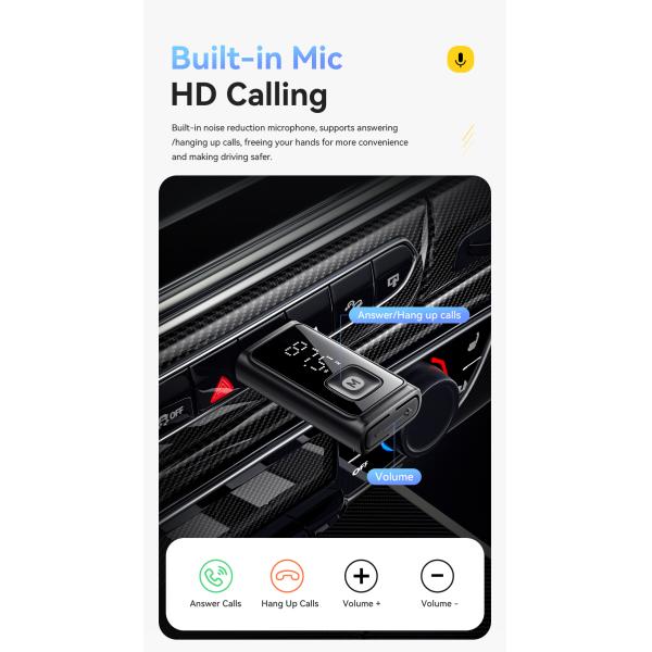 Bluetooth 5.4 FM Car Adapter with 10m Range USB-A
