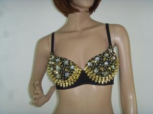 China Black Strap Ladies Night Club Wear Sexy Sequin Beaded Bra With Silver Rivet on sale
