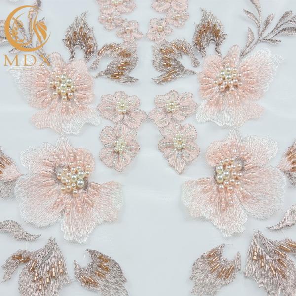 Quality Pink Embroidery 3D Beaded Lace Fabric Handmade Water Soluble For Bridal Dresses for sale