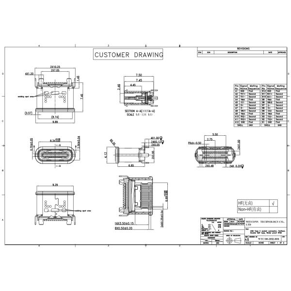 24 Pins USB Type C Vertical Connector SMT Double Length 7.45mm IPX8 Water Proof