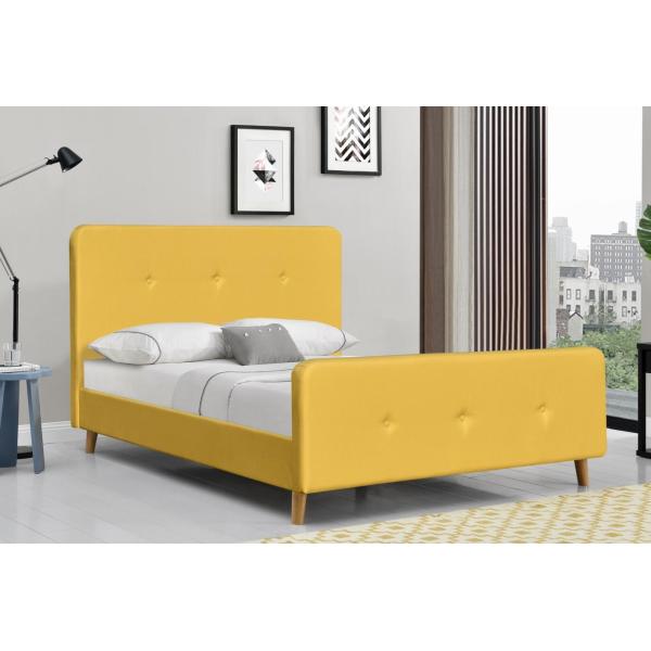 Quality Linen Fabric Upholstered Double Bed Frame Yellow Plywood for sale