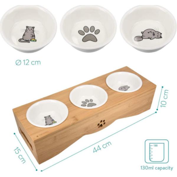 Raised Ceramic 3 Puppy Bowl Set Triple With Bamboo Stand
