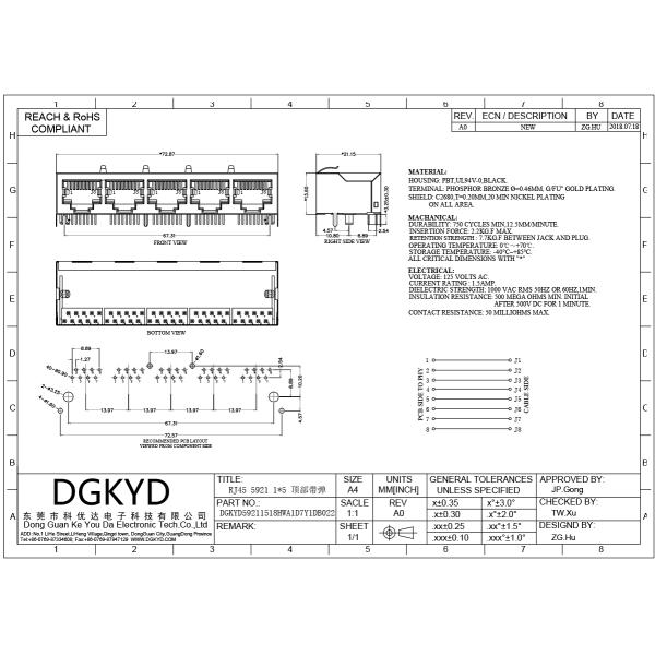 PCB Mount 1x5 Shield Five Ports RJ45 Connector Multiple Port Lan Modular Jacks