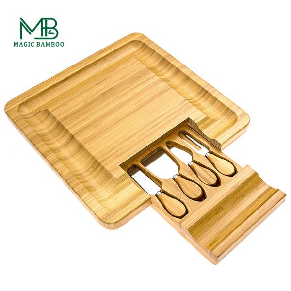 Bamboo Cheese Board Cutting Board with Square Built-In Knife And Fork Rectangle Shape