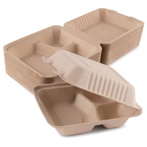China Sugarcane Clamshell Compostable Food Containers With 3 Compartment wholesale