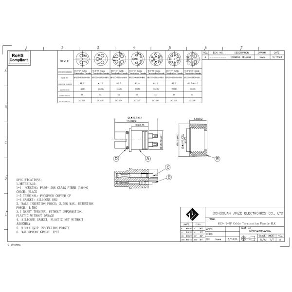 Female Ethernet Cable Circular Power Connector M13 5Pin 4 AMPS