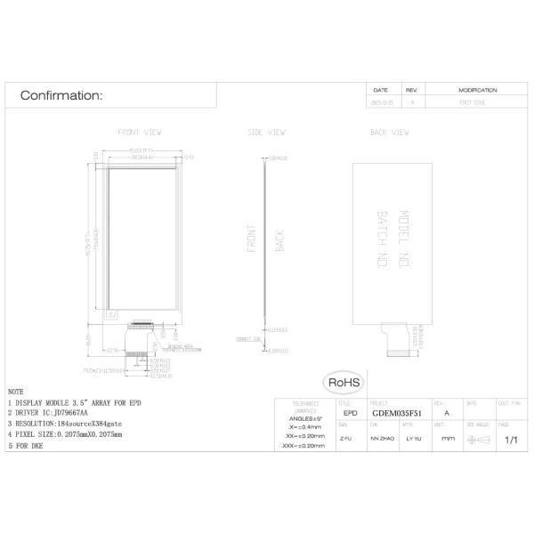 3.52'' 4 Color 384*184 Jd79667AA Based E-Paper Display EPD