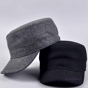 Curved Visor Adult Wool Cotton Quality Mens Military Army Winter Warm Metal Strap Flat Top Hat Cap