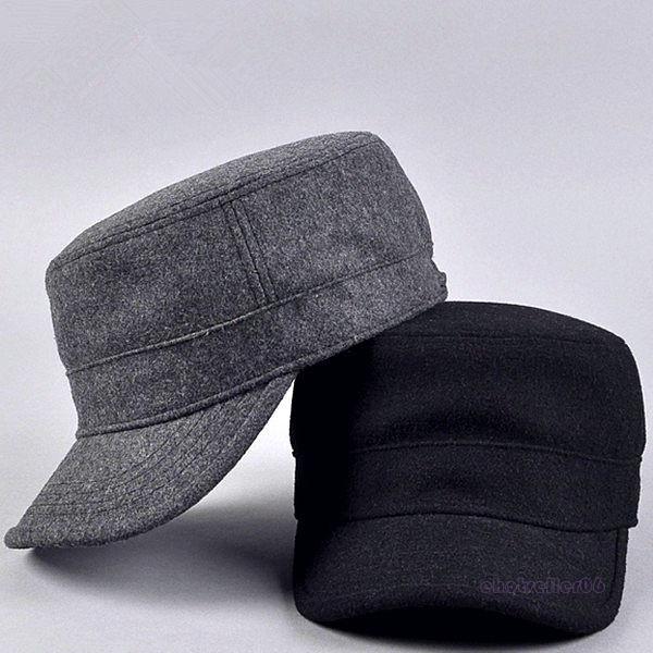Quality Curved Visor Adult Wool Cotton Quality Mens Military Army Winter Warm Metal Strap Flat Top Hat Cap for sale
